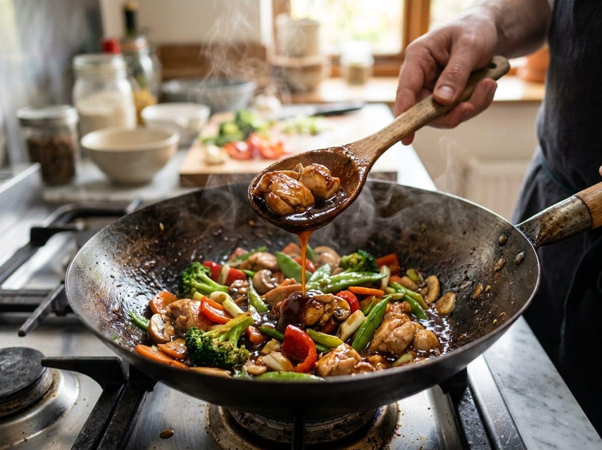 Chef drizzling a glossy garlic aromatics pan glaze over crisp vegetables and proteins in a sizzling wok