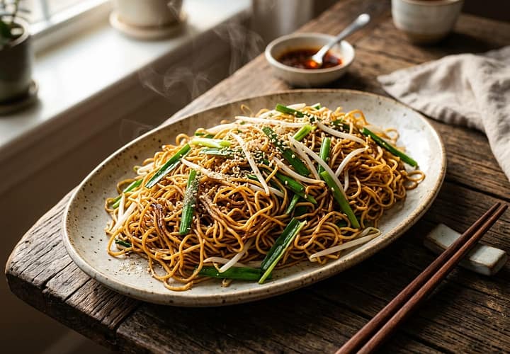 15-Minute Cantonese Soy Sauce Pan-Fried Noodles: The Steam-Then-Sear Skillet Crisp Technique