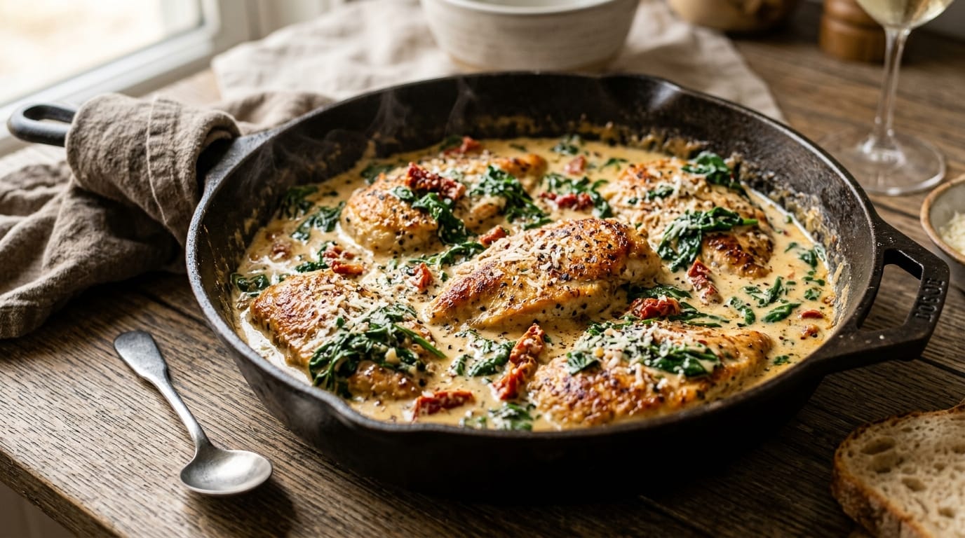 5-ingredient creamy Tuscan chicken cutlets simmering in a cast-iron skillet with rich parmesan cream sauce, baby spinach, and sun-dried tomatoes