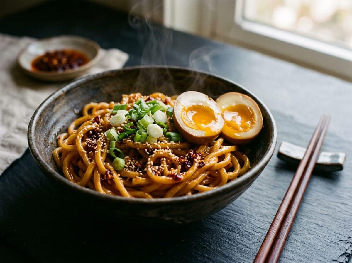 Steaming bowl of 15-minute garlic butter chili crisp noodles topped with scallions, sesame seeds, and a soft jammy egg