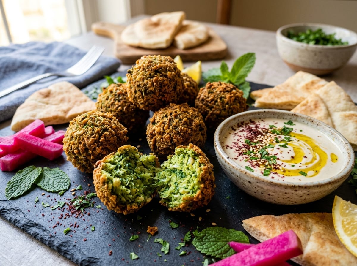 Golden-brown air fryer crispy falafel bites on a stone platter with tahini dipping sauce, split open to show emerald-green herb interior