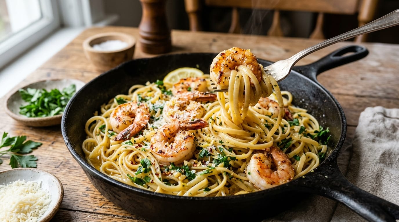 One pot 15-minute garlic butter shrimp pasta in a cast-iron skillet with linguine, seared pink jumbo shrimp, fresh parsley, and grated parmesan