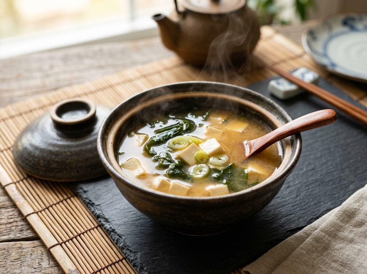 Traditional ceramic Japanese bowl of authentic miso soup with delicate silken tofu cubes, wakame seaweed, and scallions