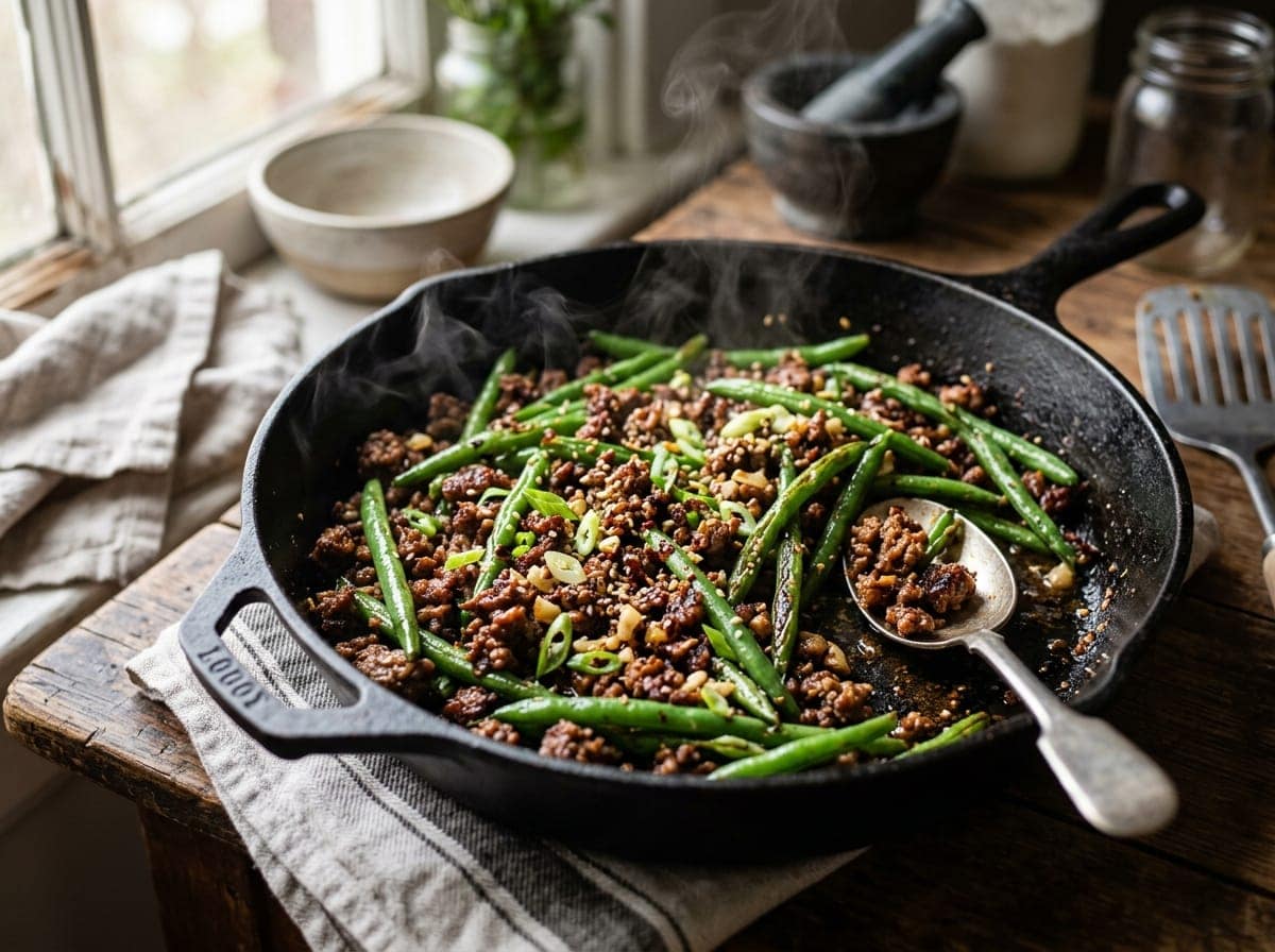 Sizzling cast iron skillet filled with crispy browned garlic butter ground beef and blistered green beans with sesame seeds