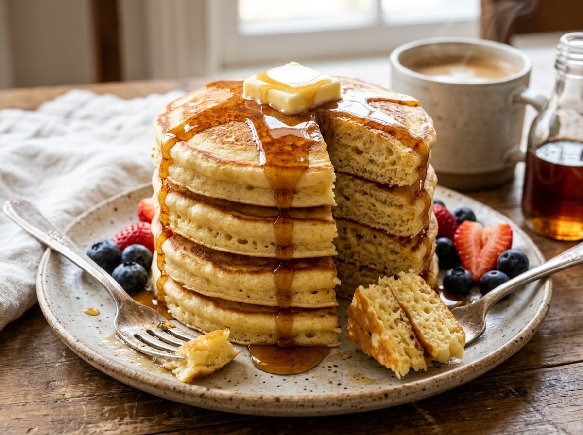 Towering stack of fluffy golden 3-ingredient pancakes topped with melting butter and pure maple syrup drips with fresh berries on a breakfast table