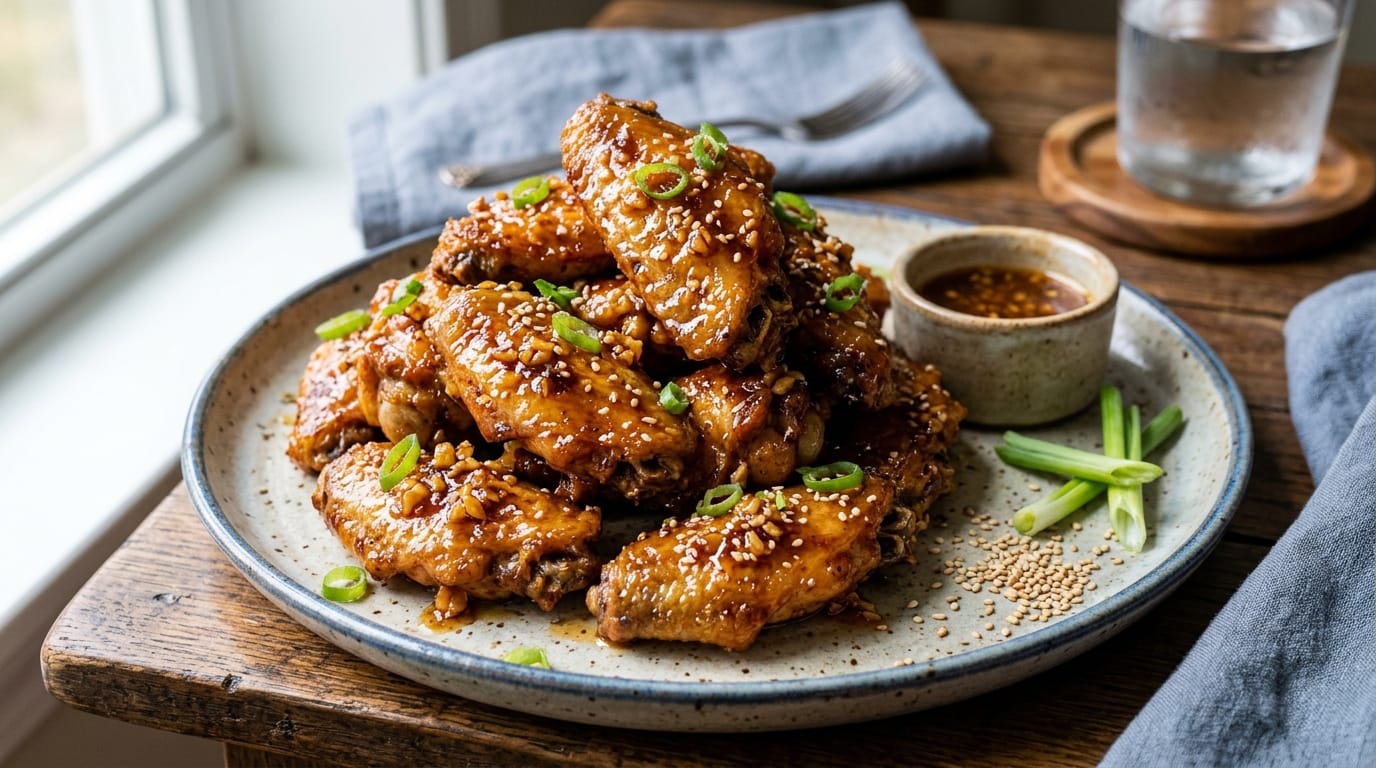 Crispy air fryer honey garlic chicken wings stacked on a platter garnished with sesame seeds and green onions