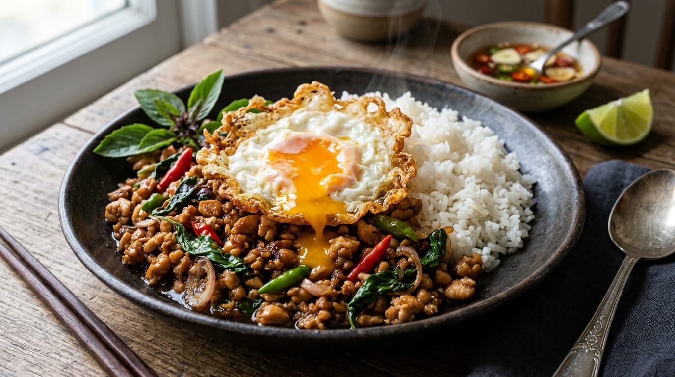 Authentic 20-minute Thai basil chicken stir-fry (Pad Krapow Gai) with caramelized minced chicken, fresh Thai basil, red chilies, and a crispy fried egg over jasmine rice