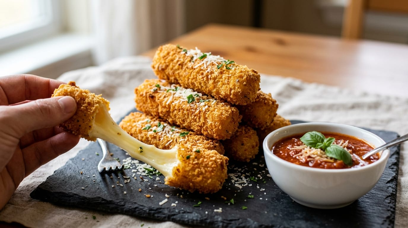 Crispy air fryer mozzarella sticks stacked on a board with melted stretchy cheese pull and marinara dipping sauce