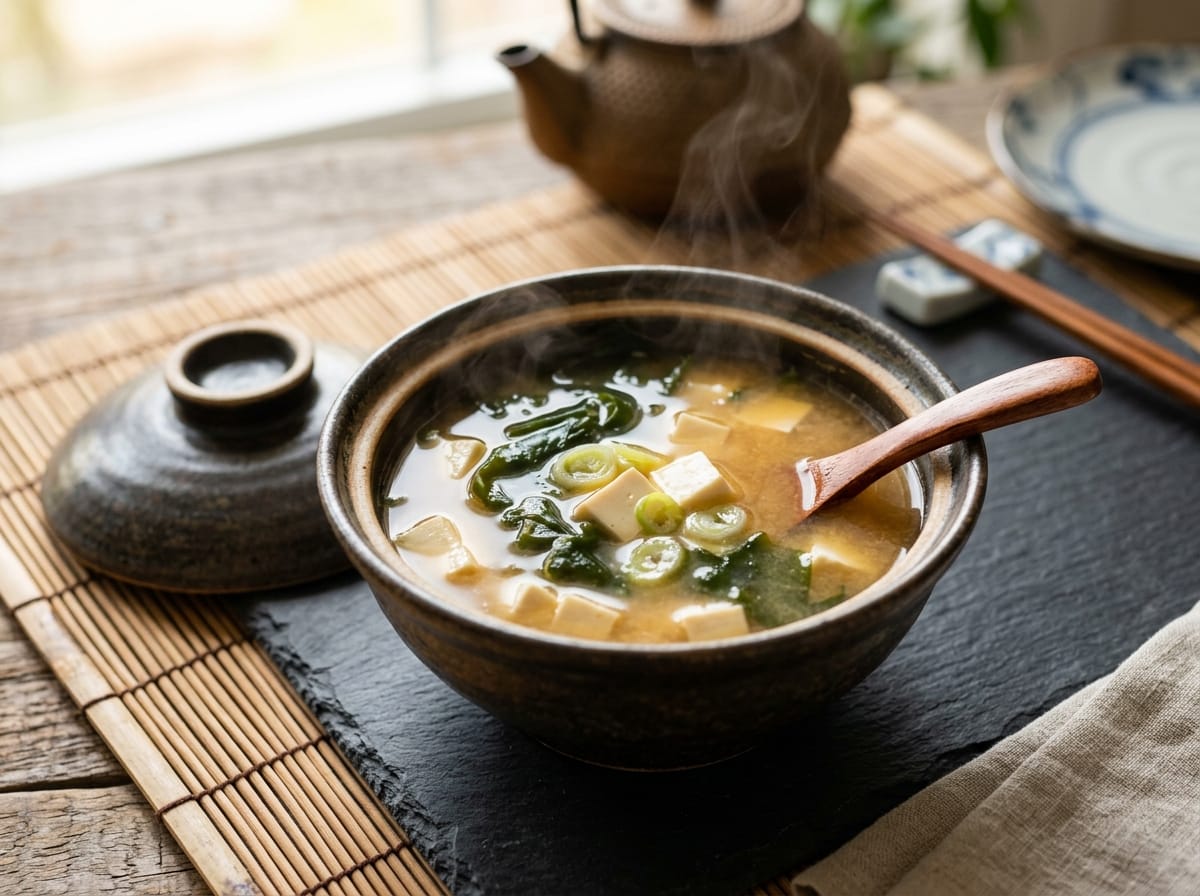 Traditional ceramic Japanese bowl of authentic miso soup with delicate silken tofu cubes, wakame seaweed, and scallions