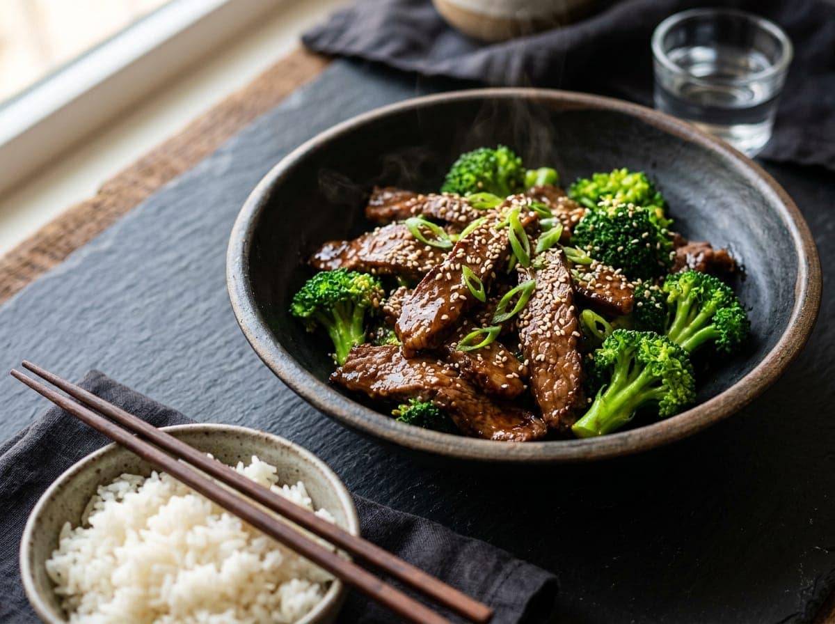 Tender sliced flank steak and vibrant green broccoli in a glossy garlic ginger brown sauce served in a dark ceramic bowl