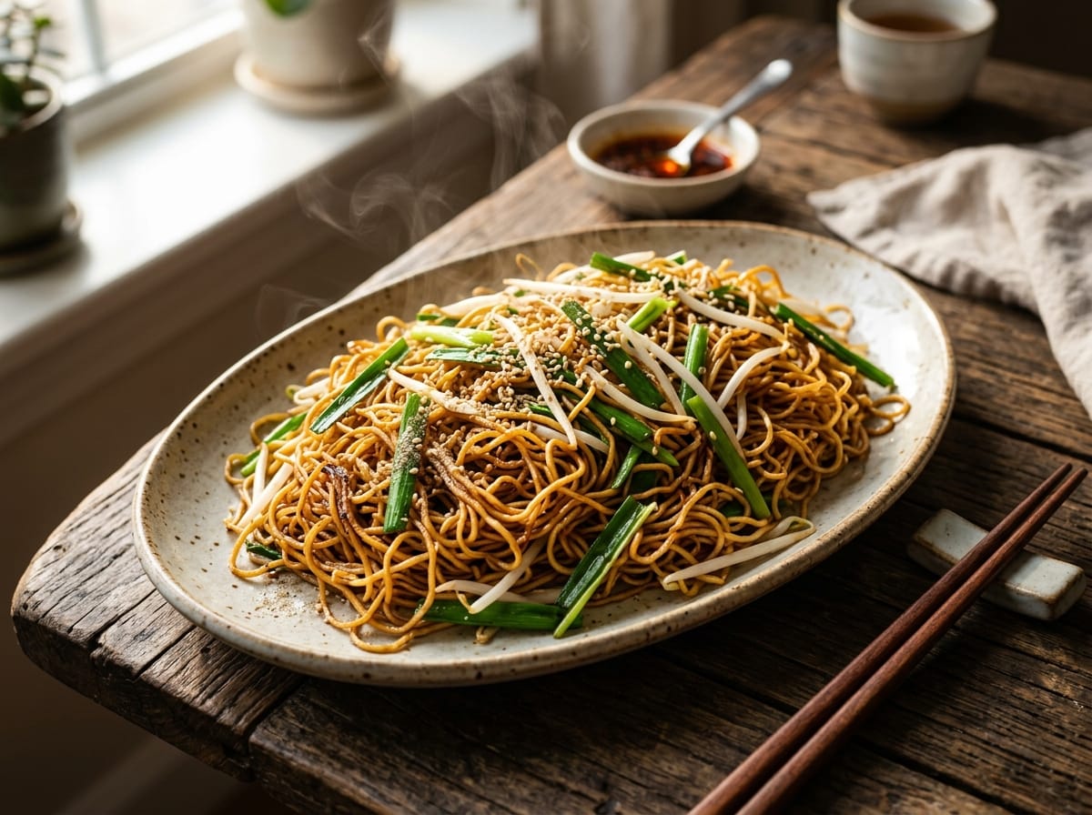 Golden crispy Cantonese soy sauce pan-fried egg noodles tossed with bean sprouts and scallions on a rustic ceramic platter