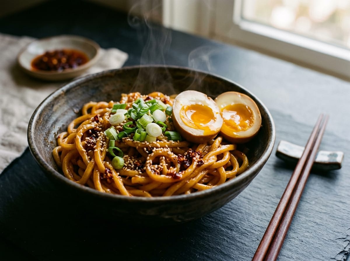 Steaming bowl of 15-minute garlic butter chili crisp noodles topped with scallions, sesame seeds, and a soft jammy egg