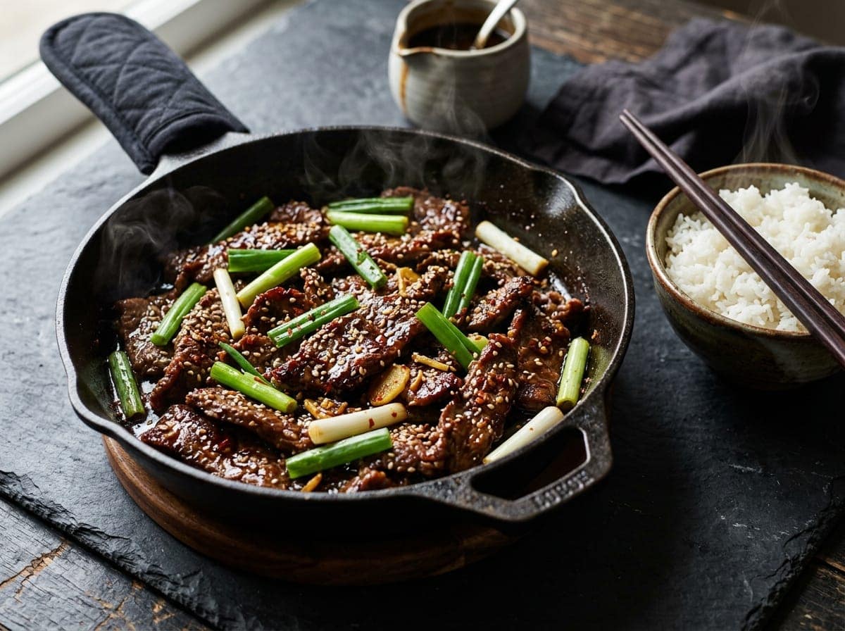 Sizzling cast iron skillet of crispy Mongolian beef in a glossy garlic-ginger glaze with scallions and sesame seeds