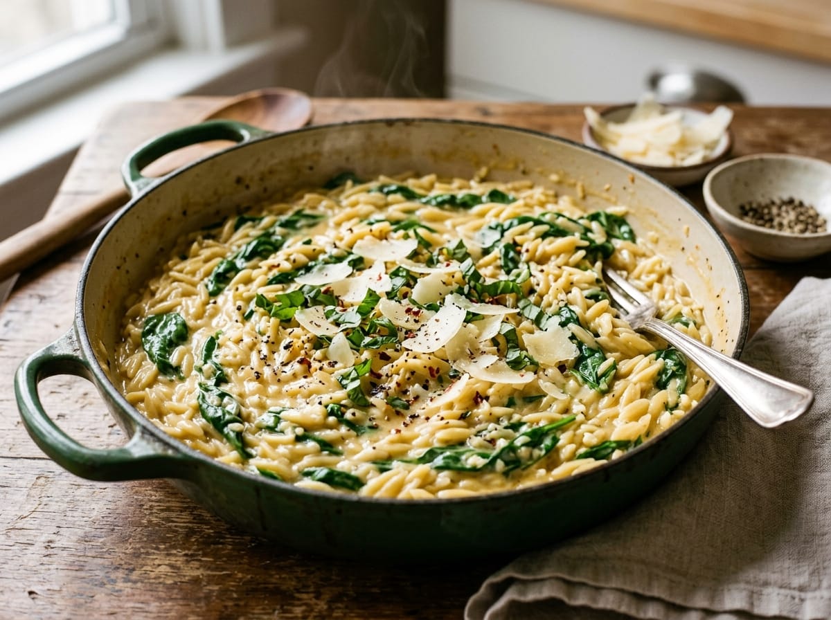 14-Minute Creamy Garlic Parmesan Orzo Skillet in enameled braiser pan with wilted baby spinach