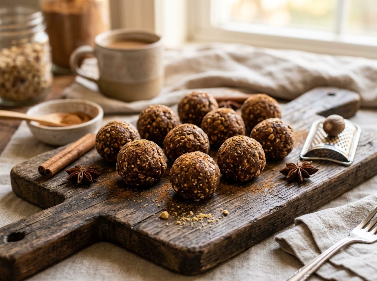 10-Minute No-Bake Gingerbread Protein Bites on wooden board