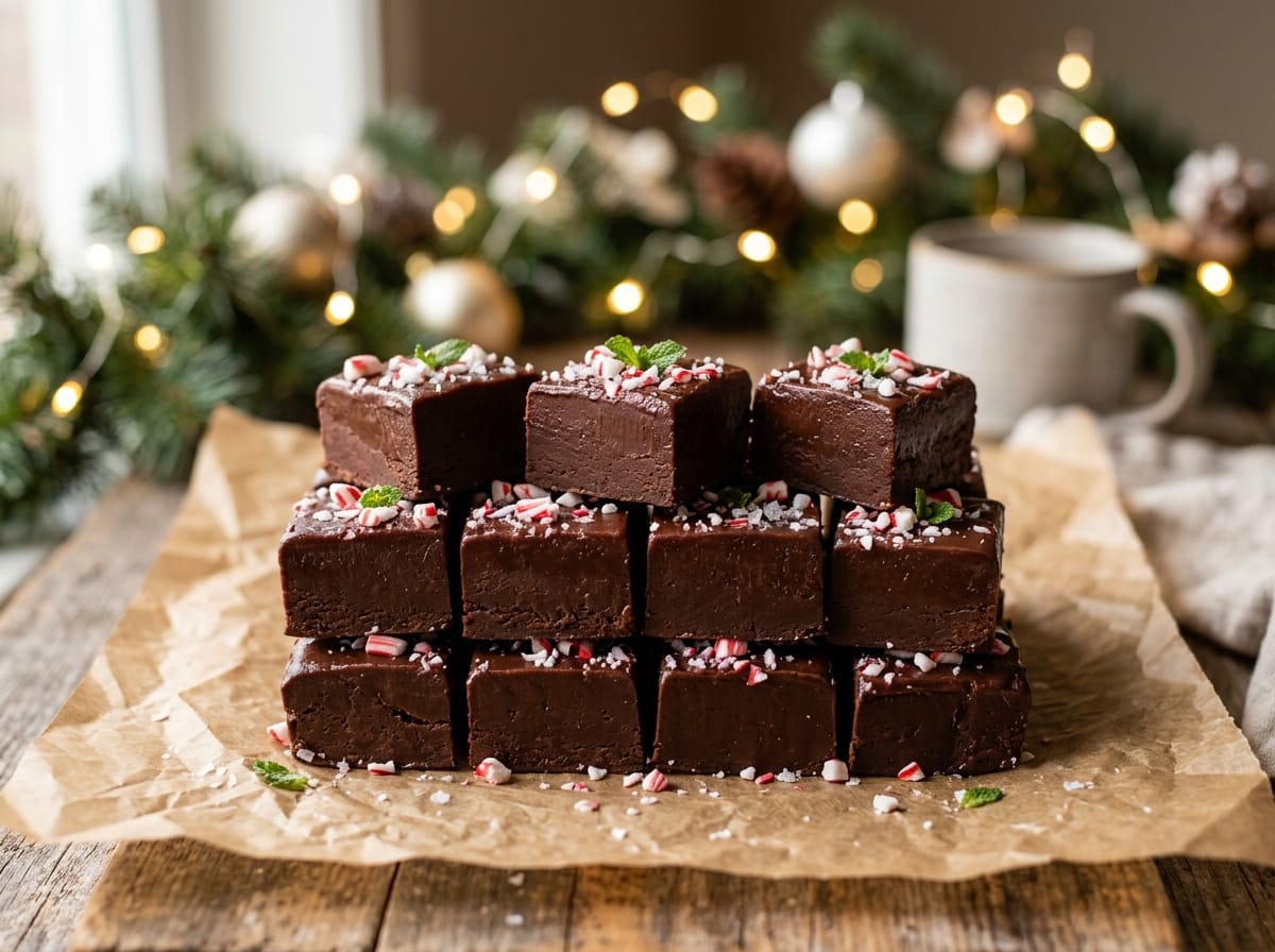 10-Minute Microwave Holiday Chocolate Peppermint Fudge squares stacked on parchment