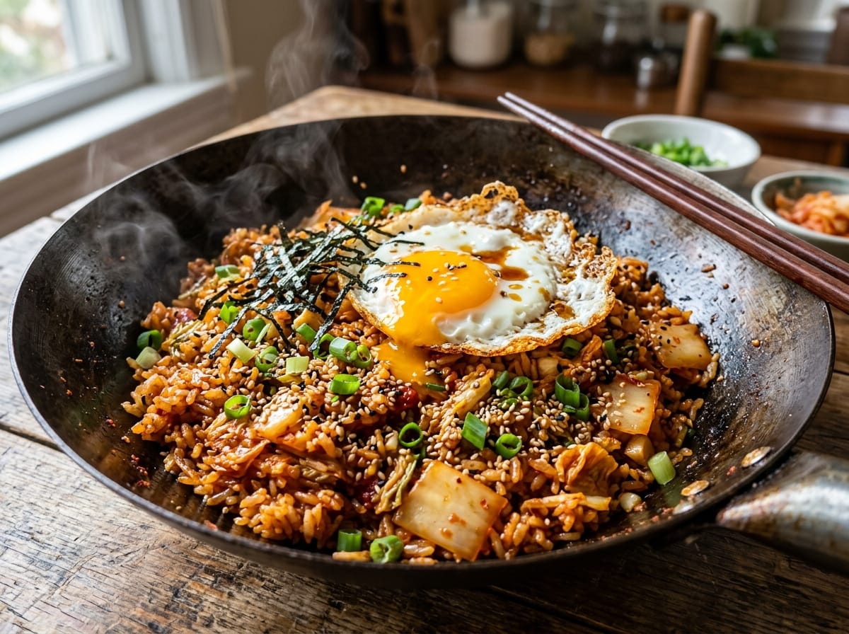 12-Minute One-Pan Kimchi Fried Rice in a carbon steel wok with crispy fried egg and sesame seeds