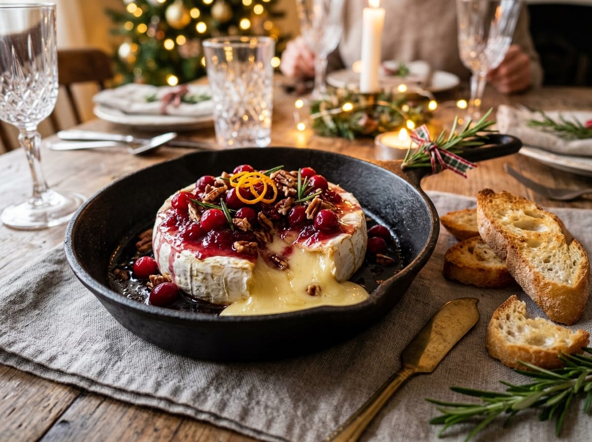 15-Minute Skillet Cranberry Glazed Baked Brie with rosemary and pecans