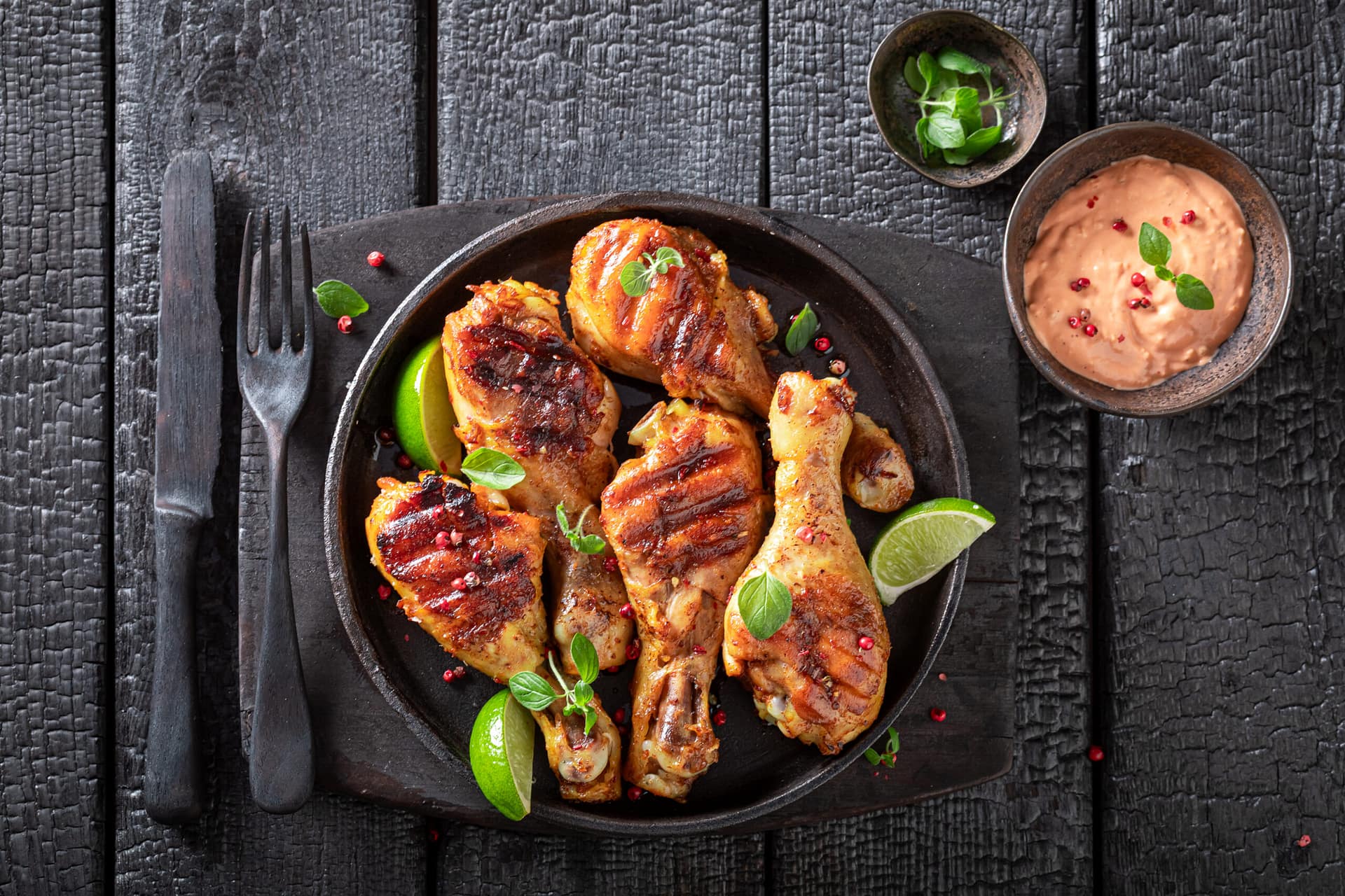 Crispy roasted chicken leg as summer delicacy in sunny day.