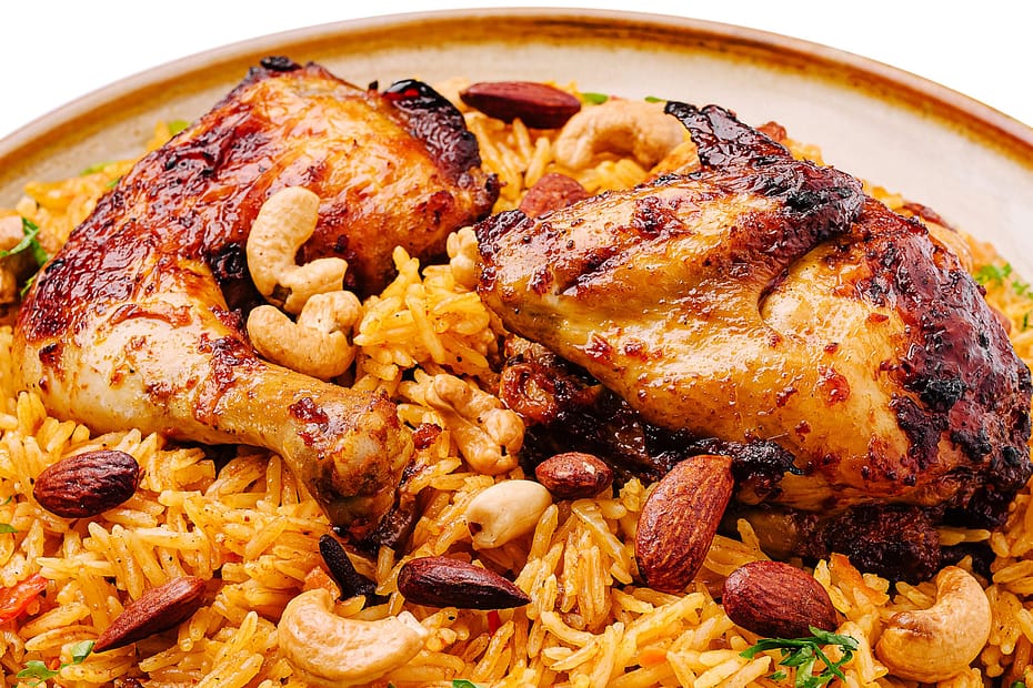 Chicken-almond-and-delicious-spiced-rice-dish-with-nuts