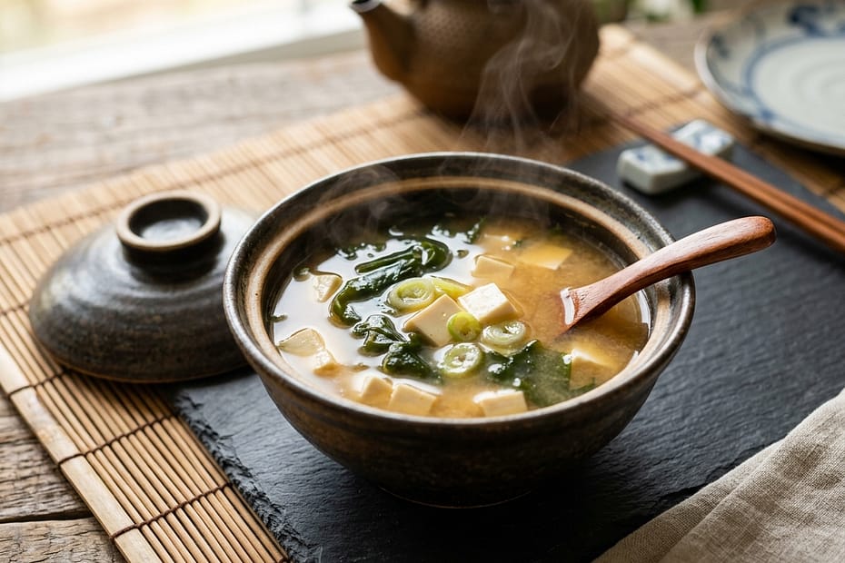 Traditional ceramic Japanese bowl of authentic miso soup with delicate silken tofu cubes, wakame seaweed, and scallions