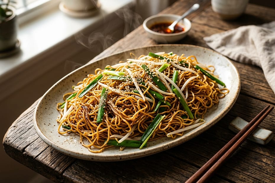 Golden crispy Cantonese soy sauce pan-fried egg noodles tossed with bean sprouts and scallions on a rustic ceramic platter