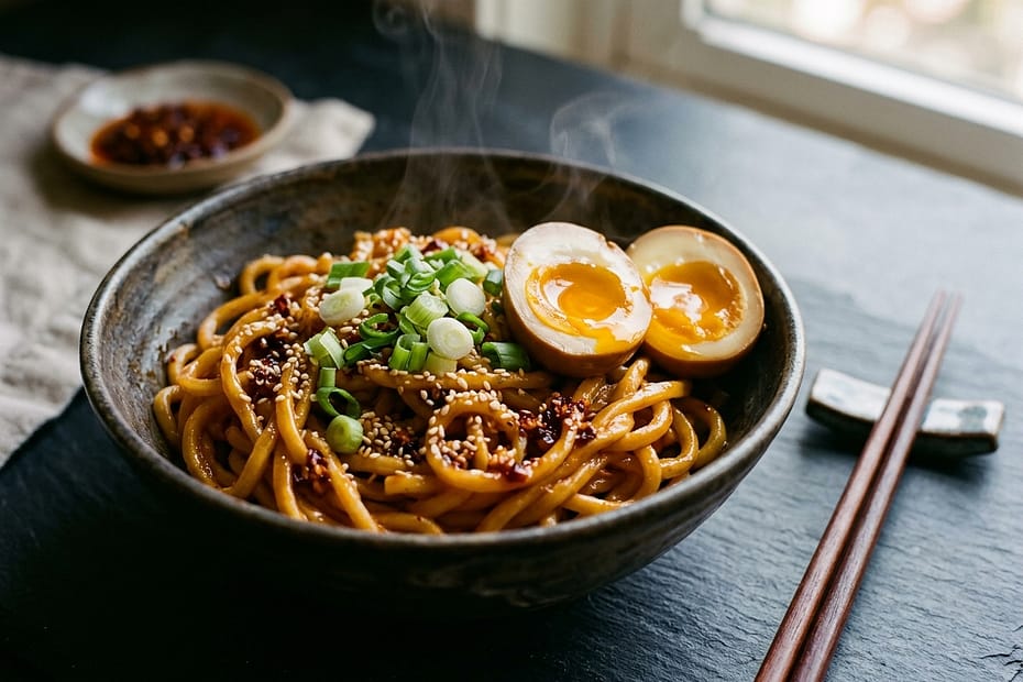 Steaming bowl of 15-minute garlic butter chili crisp noodles topped with scallions, sesame seeds, and a soft jammy egg