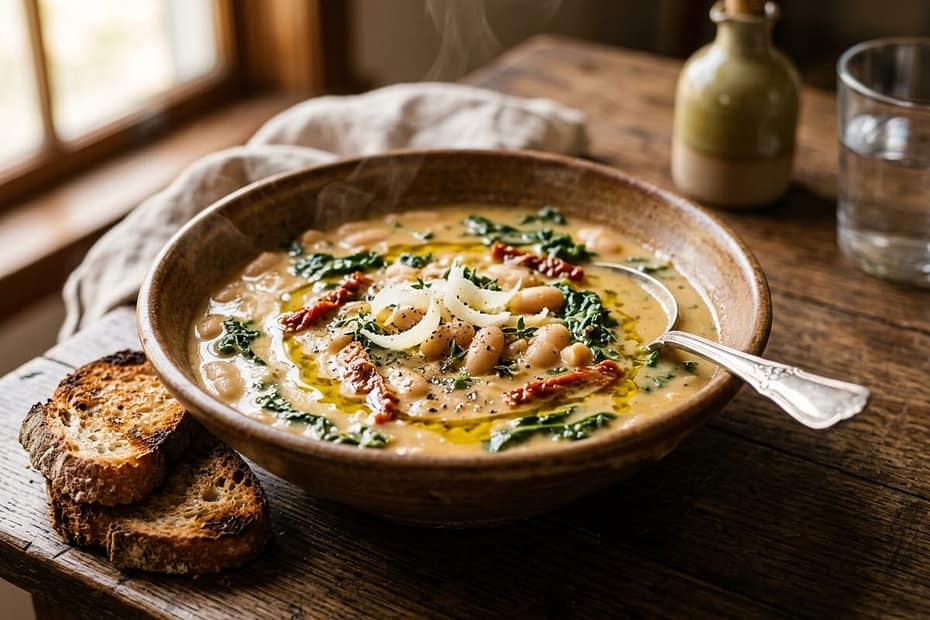 Cozy bowl of creamy Tuscan white bean soup with kale, sun-dried tomatoes, parmesan, and toasted sourdough
