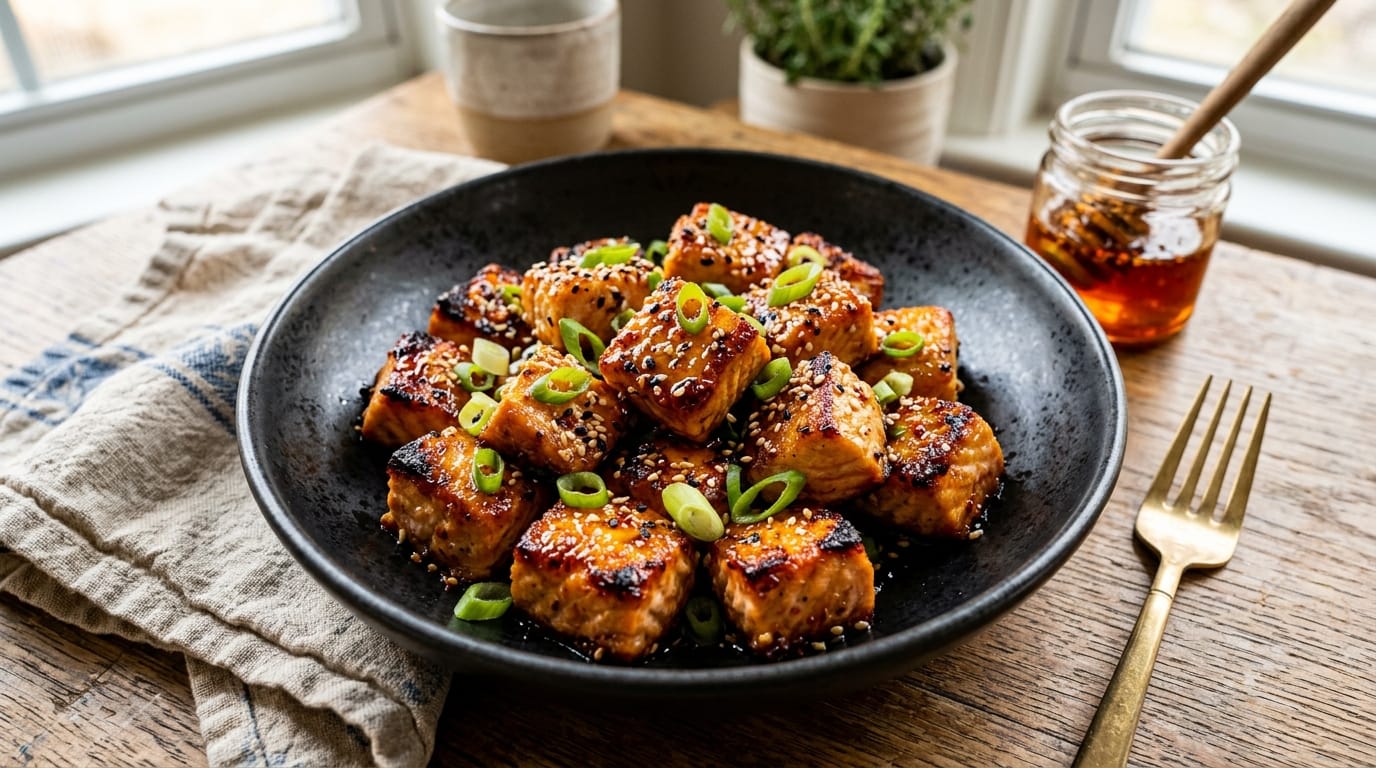 Crispy caramelized air fryer hot honey salmon bites with scallions and sesame seeds in a black bowl