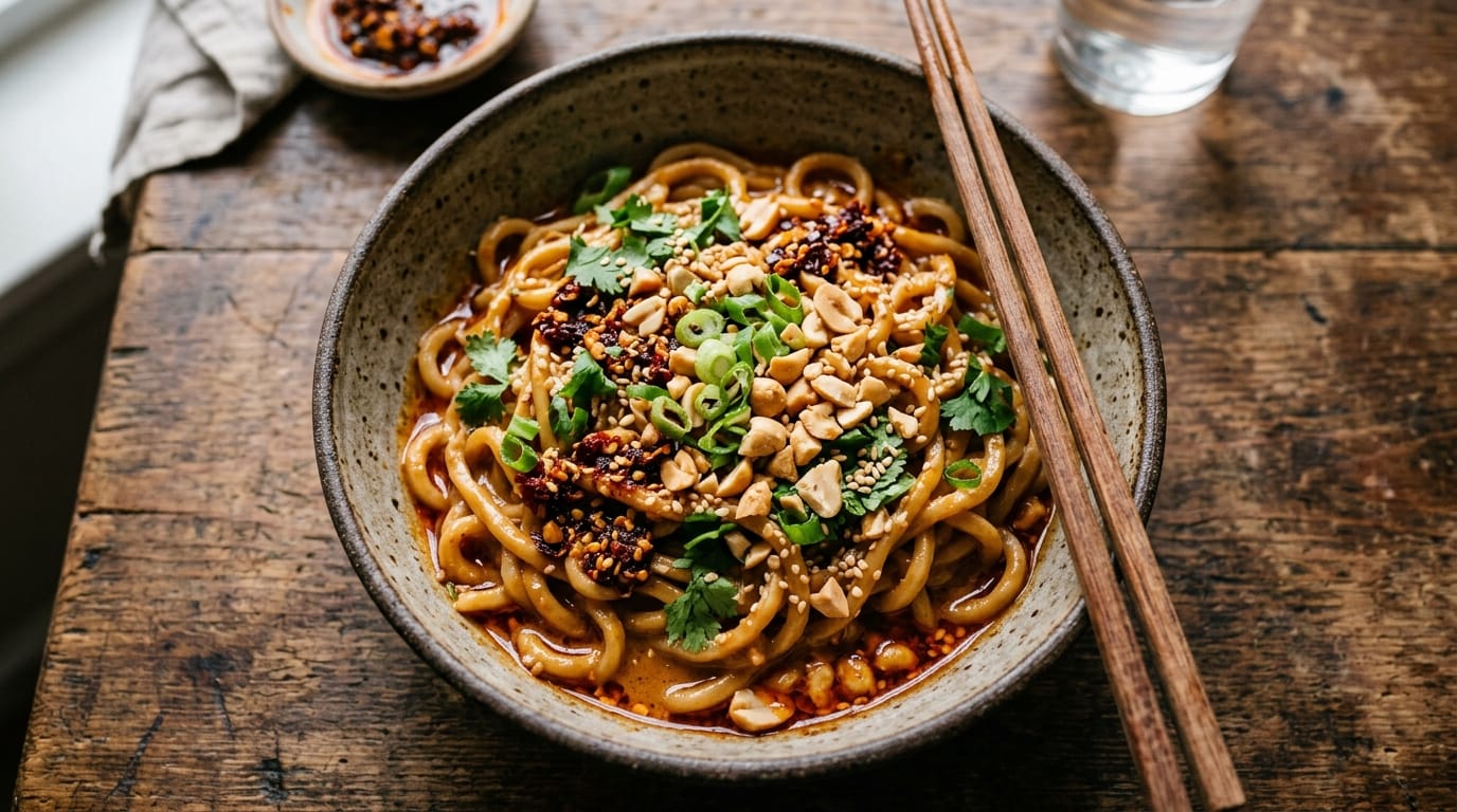 Bowl of chewy noodles in glossy spicy chili crisp peanut sauce topped with crushed peanuts and scallions