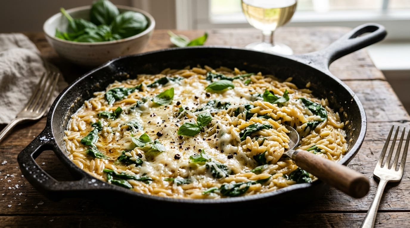 Cast iron skillet filled with creamy garlic butter orzo pasta, wilted baby spinach, and melted parmesan