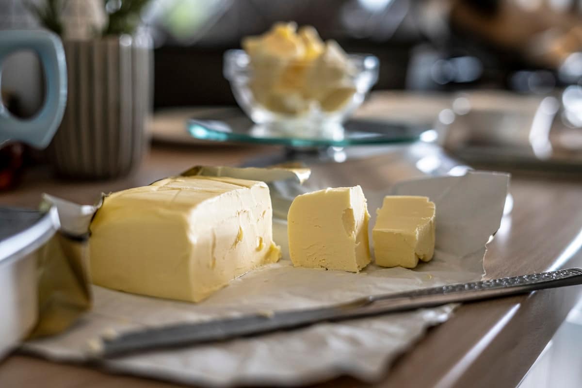 Stick of rich golden butter on a vintage ceramic butter dish resting on a kitchen table